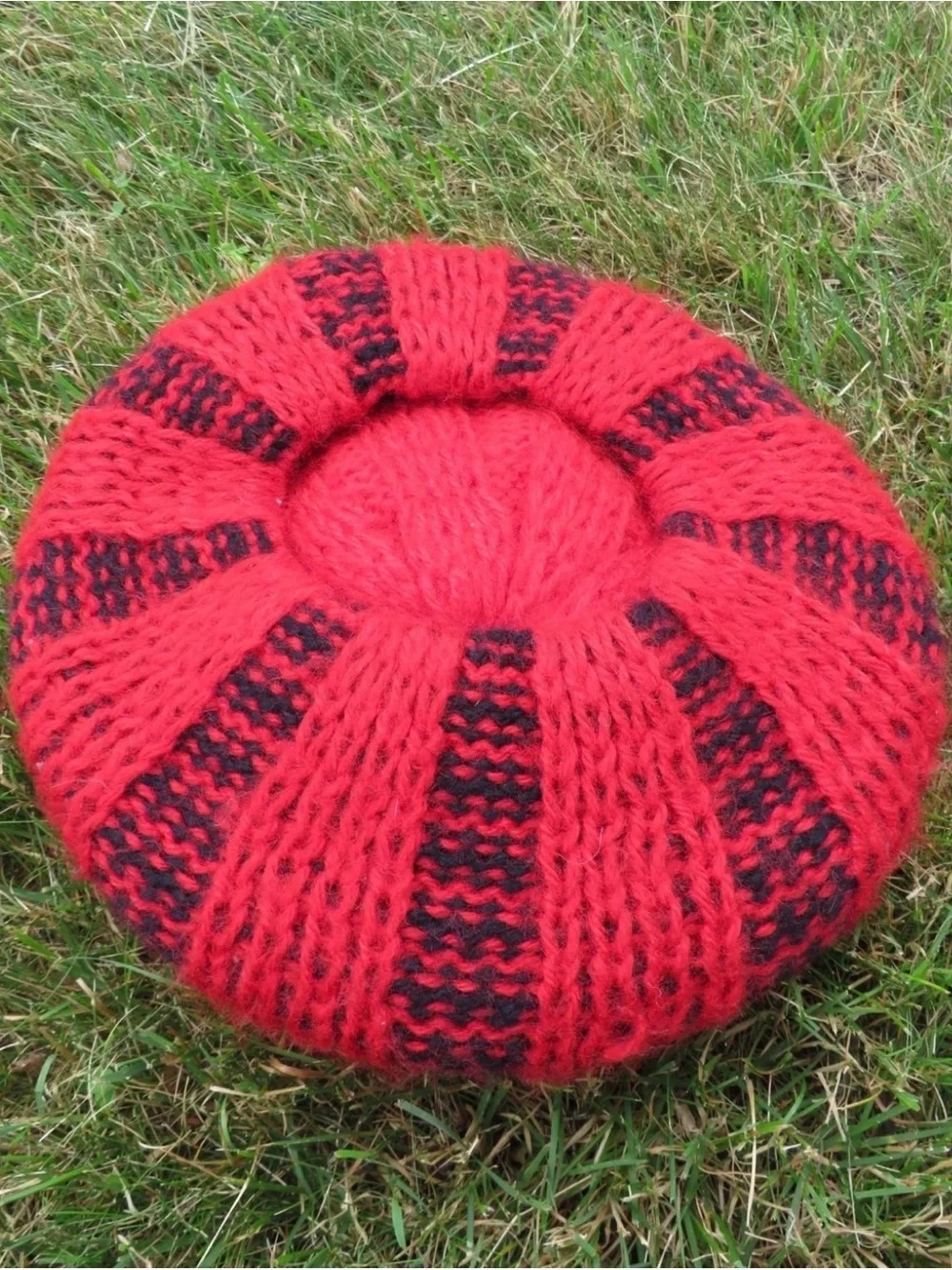 Chunky Red and Black Knit Beret with Pom Accent